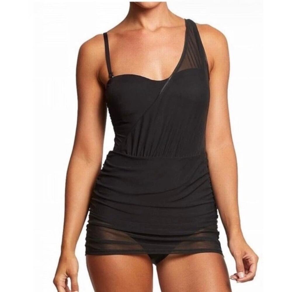 Jantzen Women’s One Piece Swim Dress Mesh Overlay One Shoulder Black Size 12